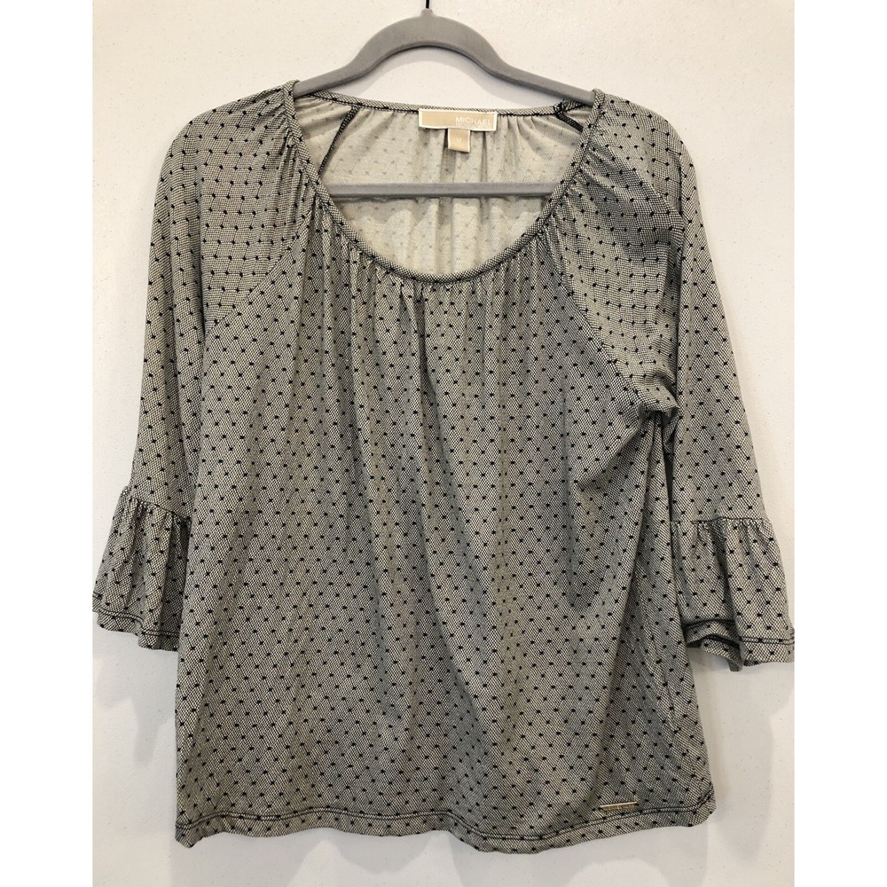 Michael Kors Blouse Women's M Gray Polka Dot Pullover 3/4 Flared Sleeve Straps